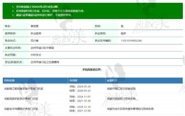 成都初龄医疗美容门诊部晏国富医生个人资质