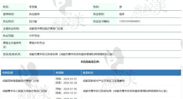 成都初龄医疗美容门诊部李发展医生个人资质