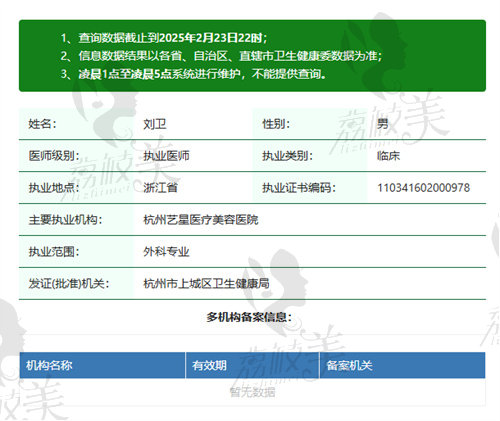杭州艺星医疗美容医院刘卫医生资质
