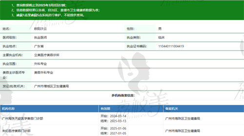 广州米伦医疗美容门诊部欧阳次云资质