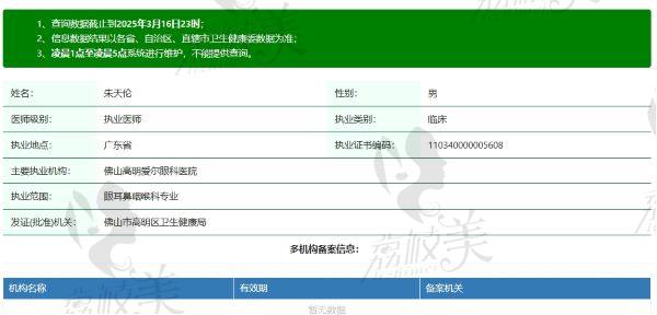 佛山高明爱尔眼科医院朱天伦医生个人资质