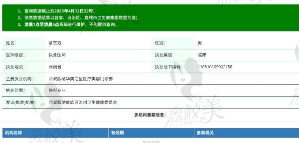 西双版纳华美之星蔡东方医生个人资质