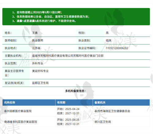盐城市芳甄时代医疗美容门诊部王勇医生资质